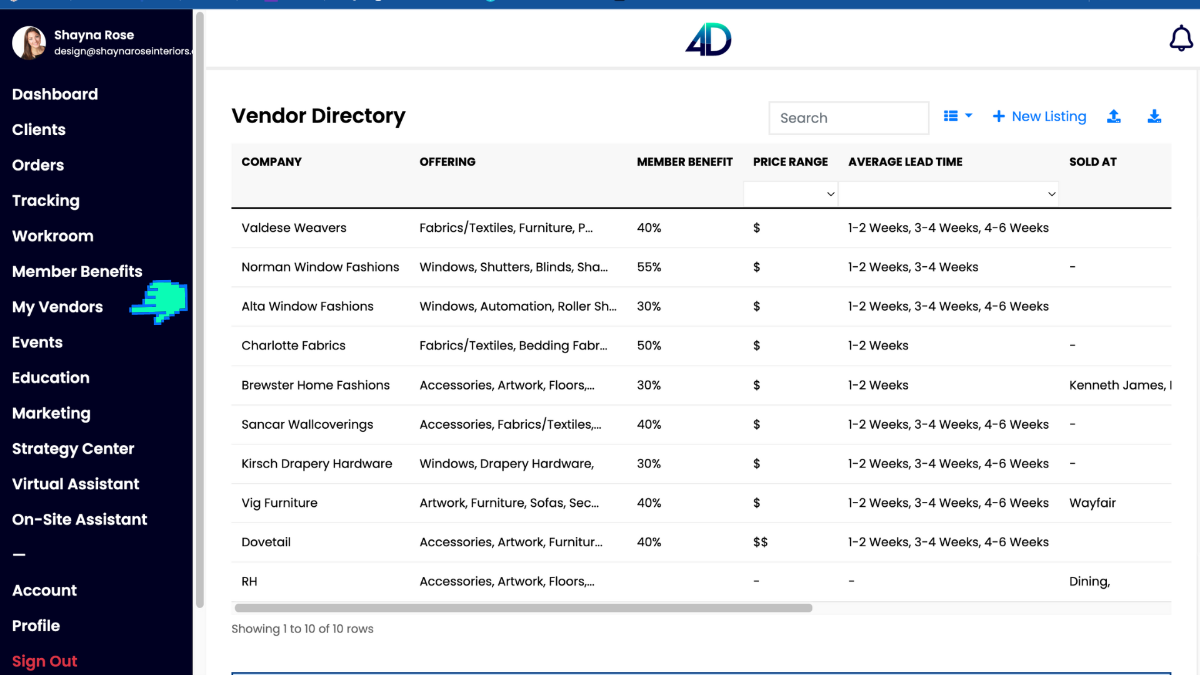 example of vendor organization for interior designers