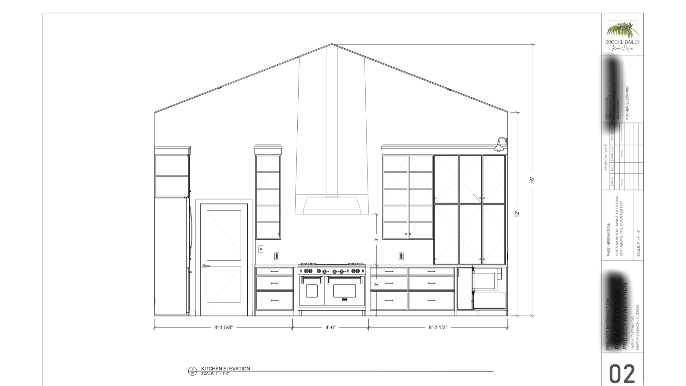 Outsourced shop drawing for a custom range hood. Shop drawing by 4Dbiz Virtual Design Assistant Team. Kitchen elevation with custom range hood. 