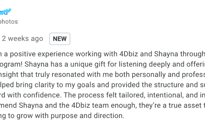 Testimonial about 4Dbiz and Fractional CEO Services with Shayna. A Fractional CEO is a must have for interior designers looking to grow their business.