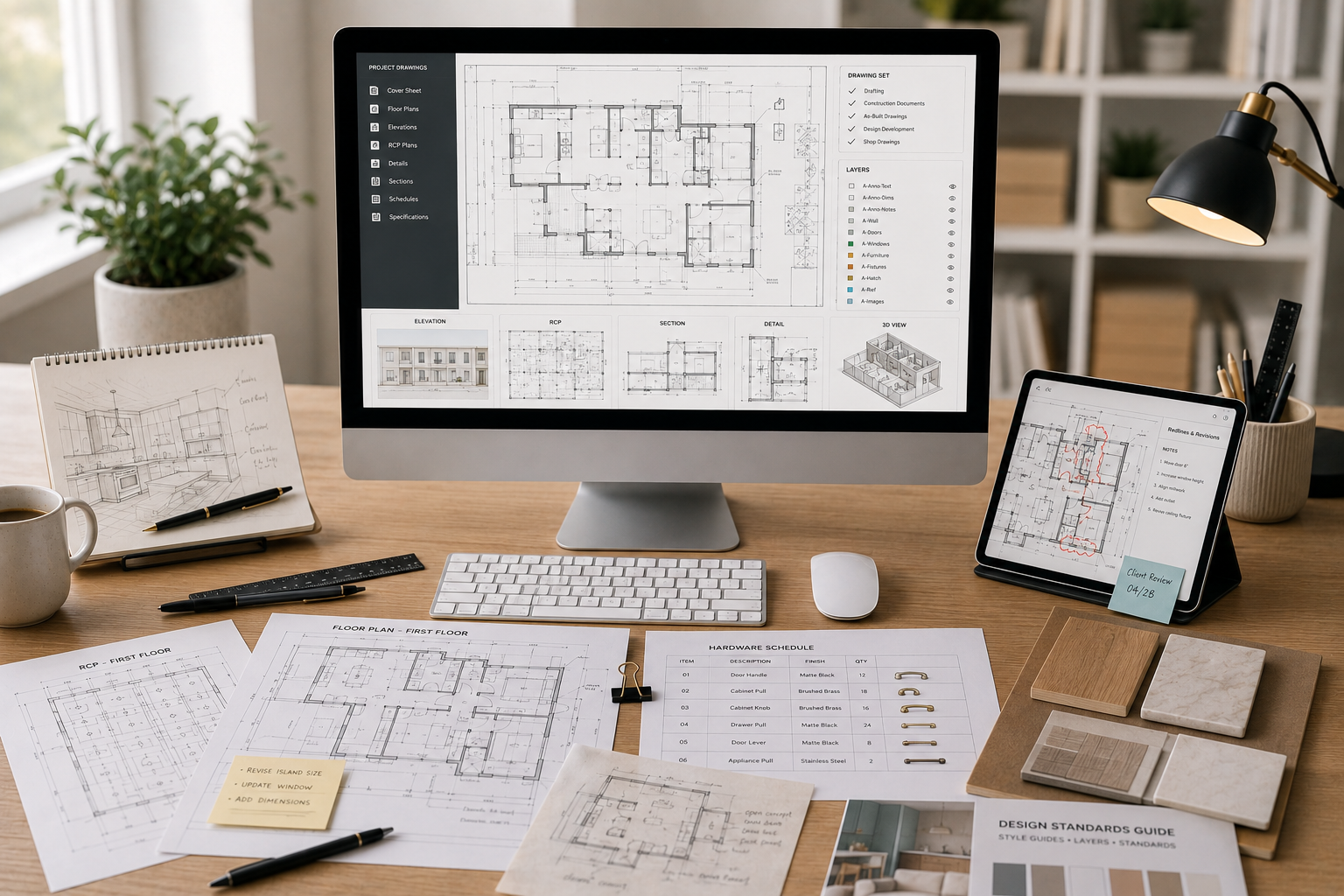 Technical Design and Drafting Administrative assistants for interior designers specialize in project management and client deliverables. We support common interior design tasks like managing timelines, communicating with trades, coordinating with vendors, budget management, collection of bids, and more!